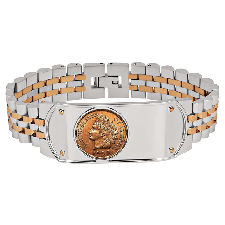 Mens Two-Tone Stainless Steel Bracelet with Indian Head Penny Coin Image 1