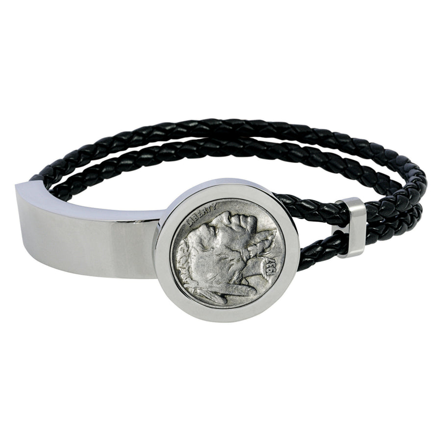 Buffalo Nickel Stainless Steel and Leather Mens Coin Bracelet Image 1