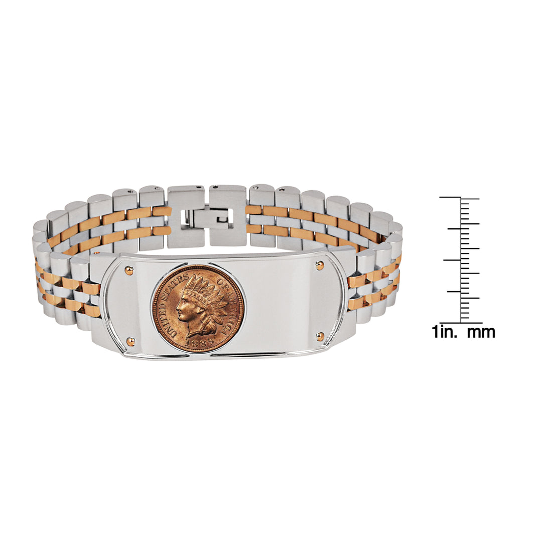 Mens Two-Tone Stainless Steel Bracelet with 1800s Indian Head Penny Coin Image 3