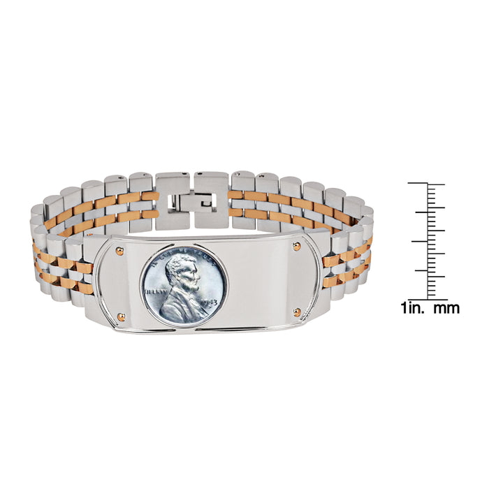 Mens Two-Tone Stainless Steel Bracelet with Lincoln Steel Penny Coin Image 3