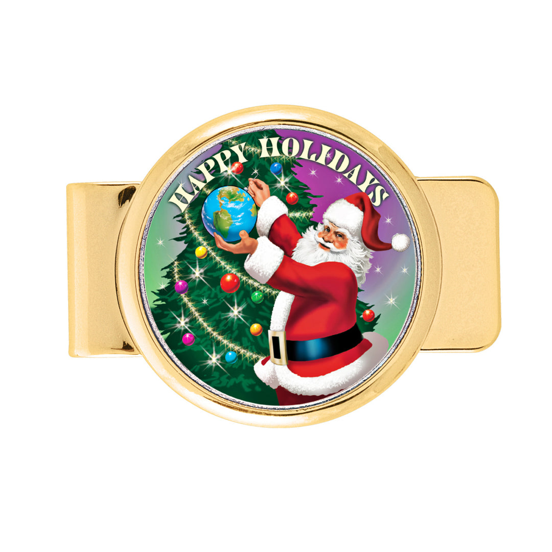 Goldtone Coin Money Clip with Colorized JFK Half Dollar Santa Coin Image 1