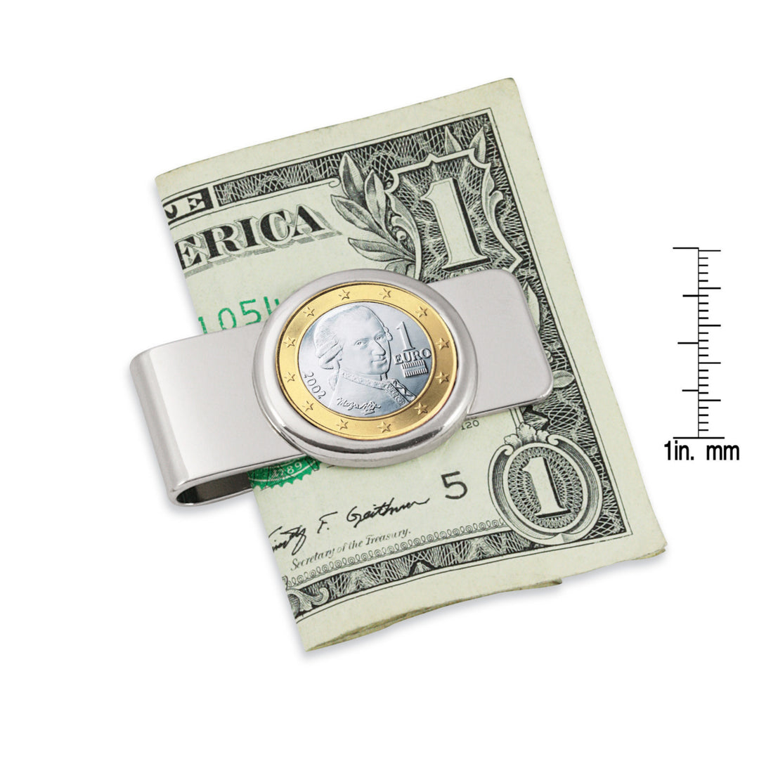 Austrian Mozart One Euro Coin Silvertone Coin Money Clip Image 3