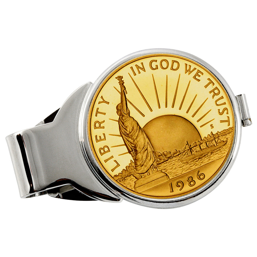 Gold-Layered Statue of Liberty Commemorative Half Dollar Silvertone Coin Money Clip Image 1