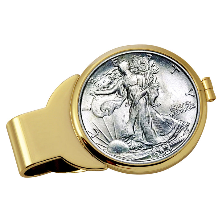 Silver Walking Liberty Half Dollar Goldtone Coin Money Clip Image 1