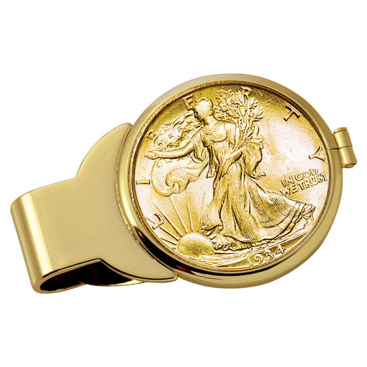 Gold-Layered Silver Walking Liberty Half Dollar Goldtone Coin Money Clip Image 1