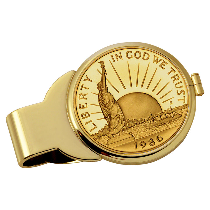 Gold-Layered Statue of Liberty Commemorative Half Dollar Goldtone Coin Money Clip Image 1