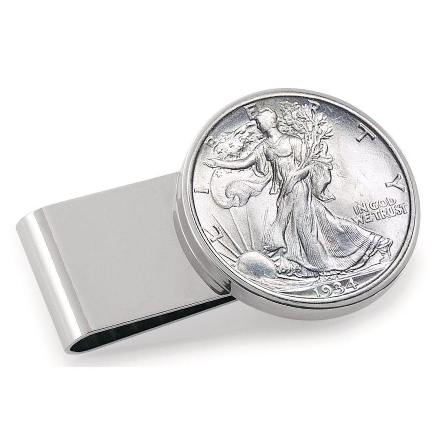 Silver Walking Liberty Half Dollar Stainless Steel Silvertone Coin Money Clip Image 1