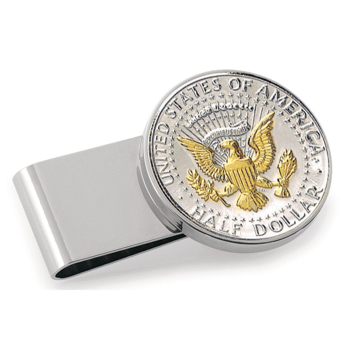 Selectively Gold-Layered Presidential Seal JFK Half Dollar Stainless Steel Silvertone Coin Money Clip Image 1