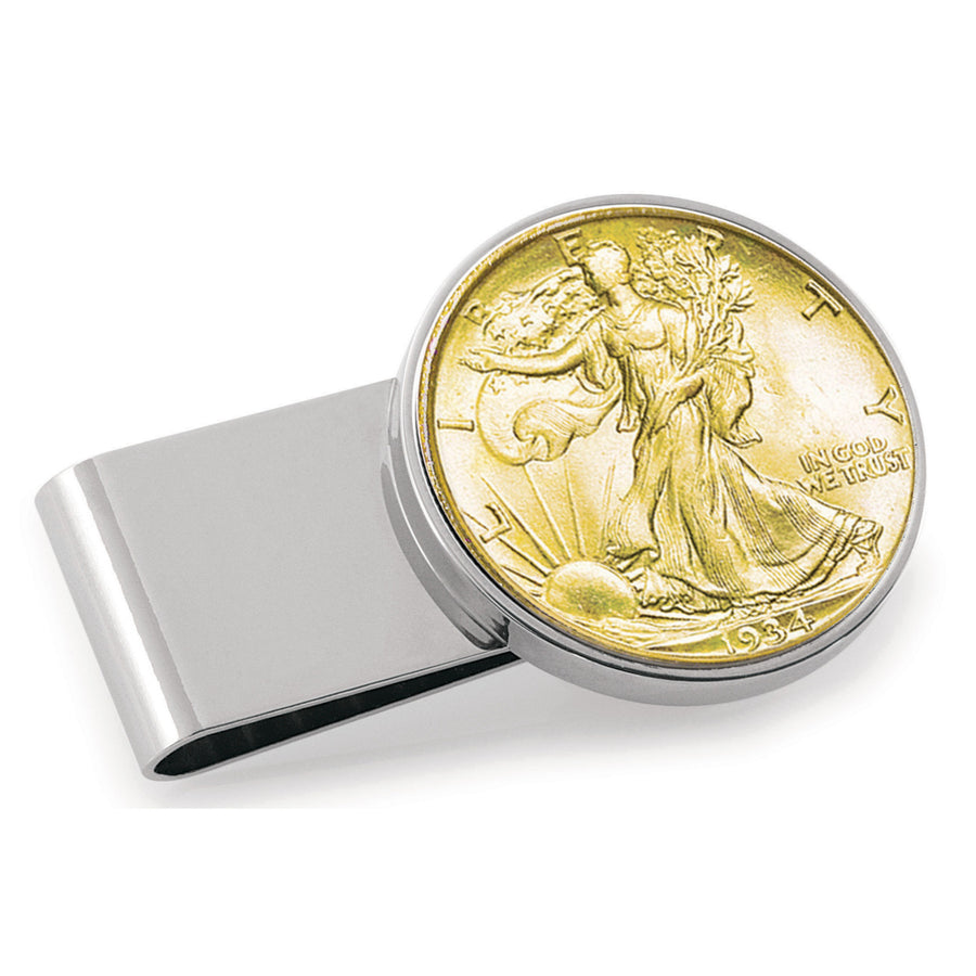 Gold-Layered Silver Walking Liberty Half Dollar Stainless Steel Silvertone Coin Money Clip Image 1