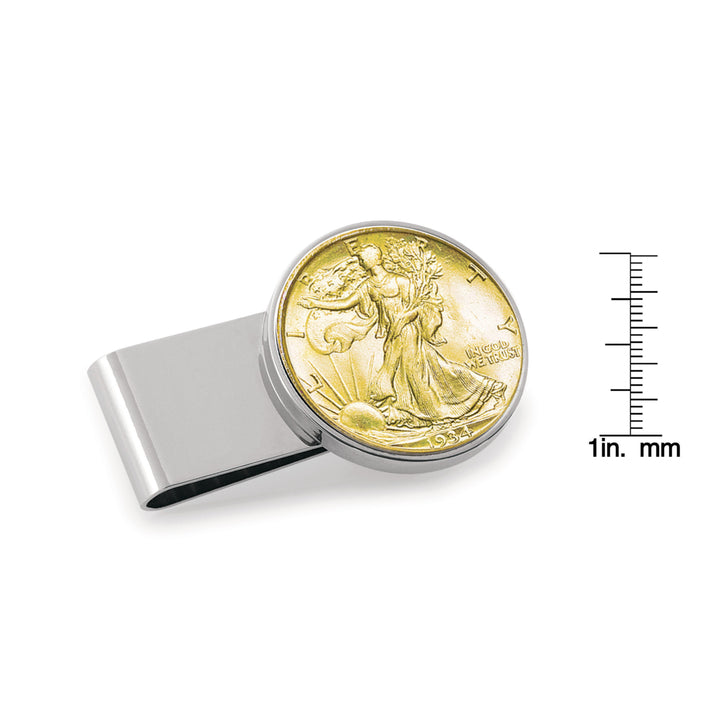 Gold-Layered Silver Walking Liberty Half Dollar Stainless Steel Silvertone Coin Money Clip Image 2