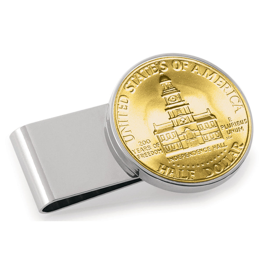 Gold-Layered JFK Bicentennial Half Dollar Stainless Steel Silvertone Coin Money Clip Image 1