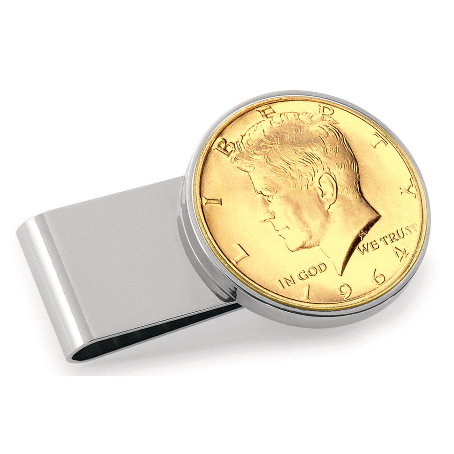 Gold-Layered JFK 1964 First Year of Issue Half Dollar Stainless Steel Silvertone Coin Money Clip Image 1