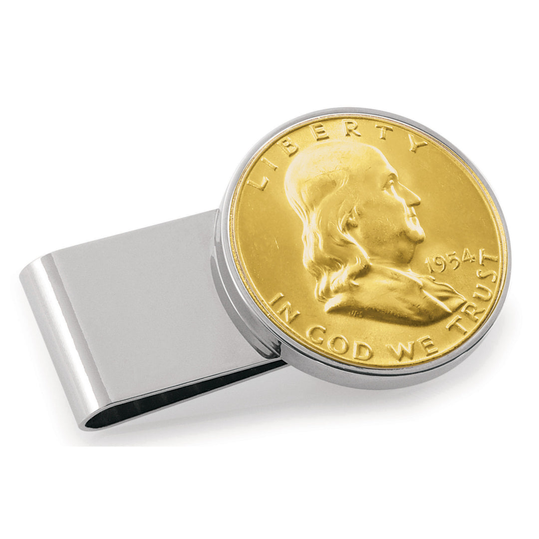 Gold-Layered Silver Franklin Half Dollar Stainless Steel Silvertone Coin Money Clip Image 1