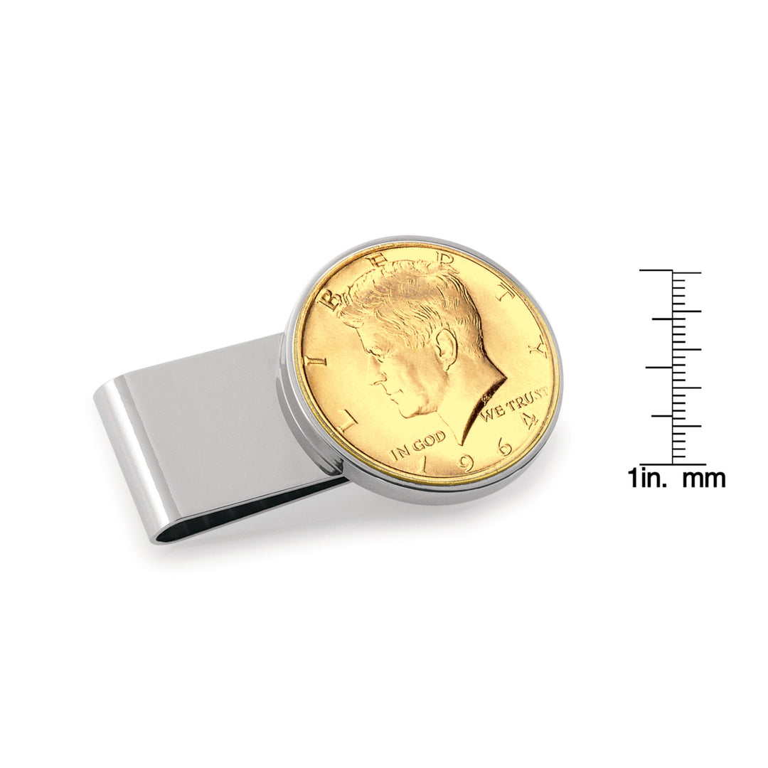 Gold-Layered JFK 1964 First Year of Issue Half Dollar Stainless Steel Silvertone Coin Money Clip Image 2