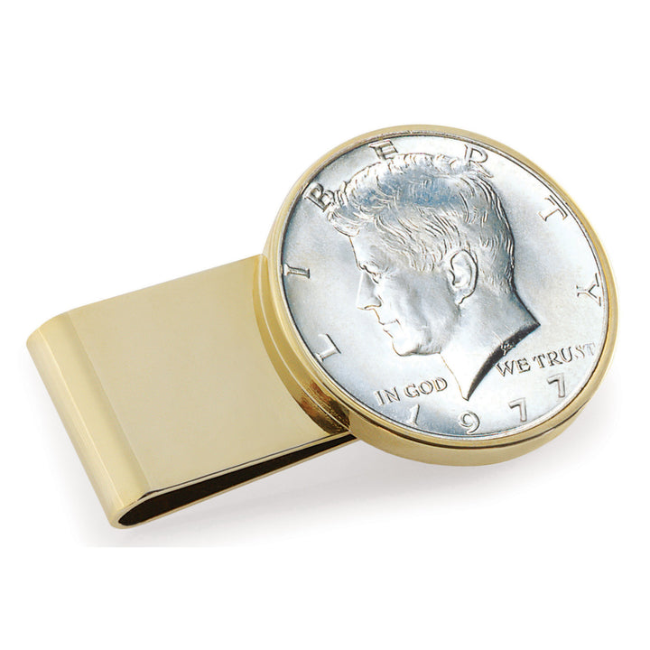 JFK Half Dollar Stainless Steel Goldtone Coin Money Clip Image 1