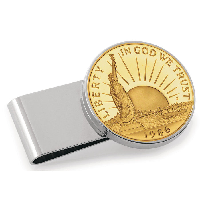 Gold-Layered Statue of Liberty Commemorative Half Dollar Stainless Steel Silvertone Coin Money Clip Image 1