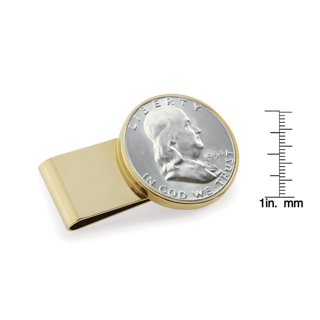 Silver Franklin Half Dollar Stainless Steel Goldtone Coin Money Clip Image 2