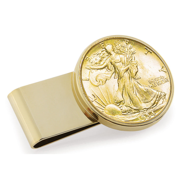 Gold-Layered Silver Walking Liberty Half Dollar Stainless Steel Goldtone Coin Money Clip Image 1