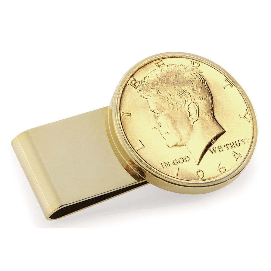 Gold-Layered JFK 1964 First Year of Issue Half Dollar Stainless Steel Goldtone Coin Money Clip Image 1