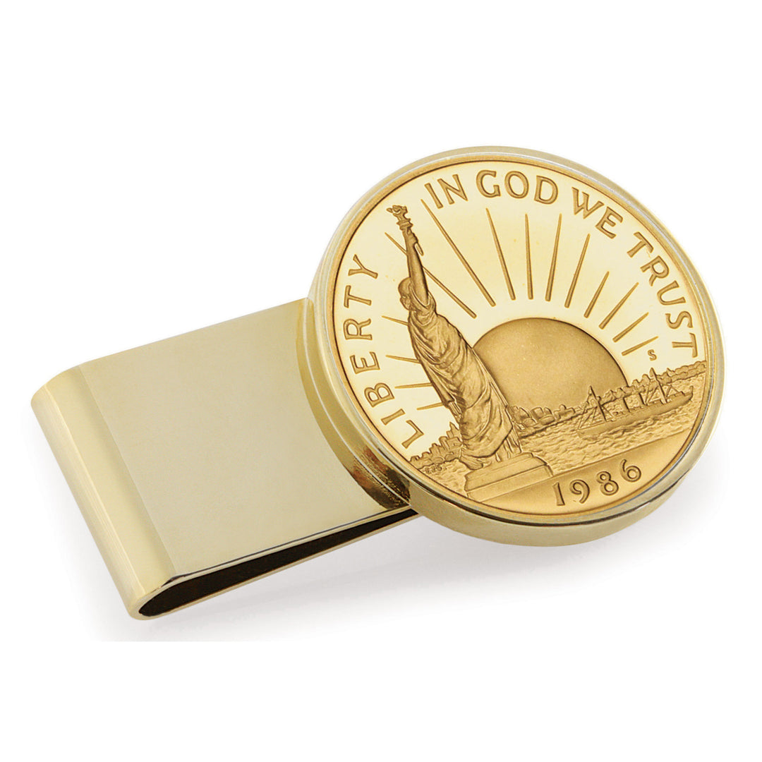 Gold-Layered Statue of Liberty Commemorative Half Dollar Stainless Steel Goldtone Coin Money Clip Image 1