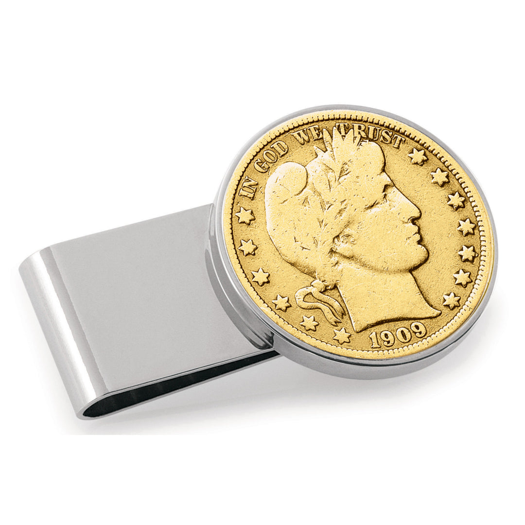 Gold-Layered Silver Barber Half Dollar Stainless Steel Silvertone Coin Money Clip Image 1