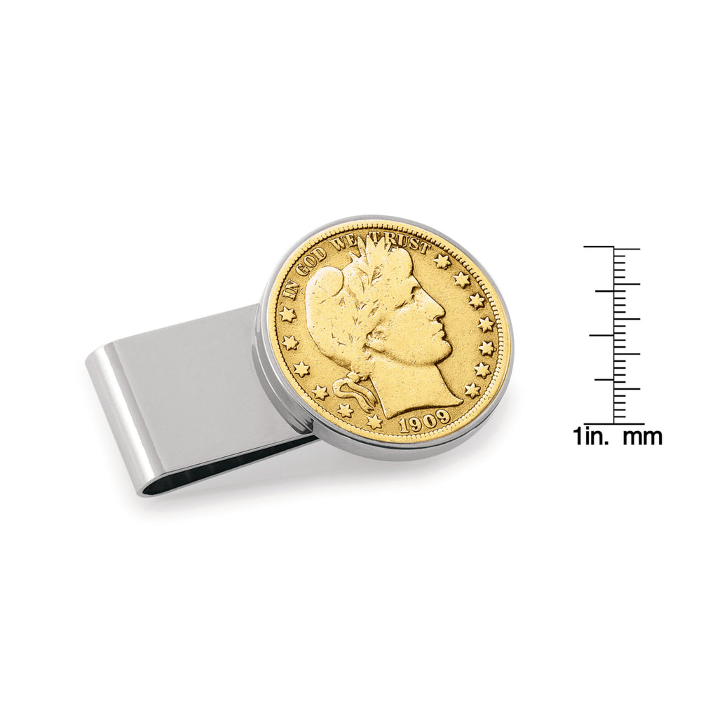 Gold-Layered Silver Barber Half Dollar Stainless Steel Silvertone Coin Money Clip Image 2