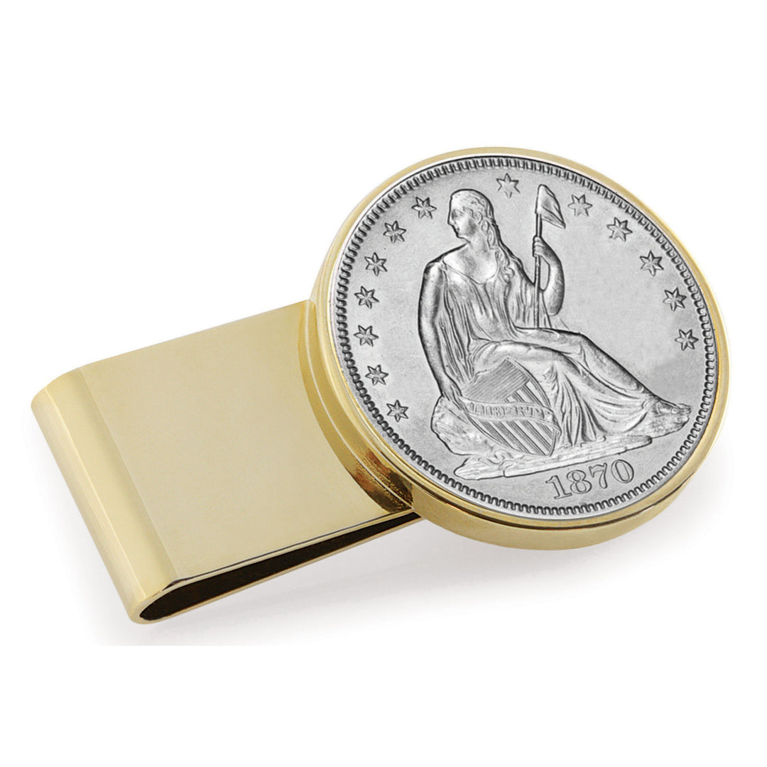 Silver Seated Liberty Half Dollar Stainless Steel Goldtone Coin Money Clip Image 1