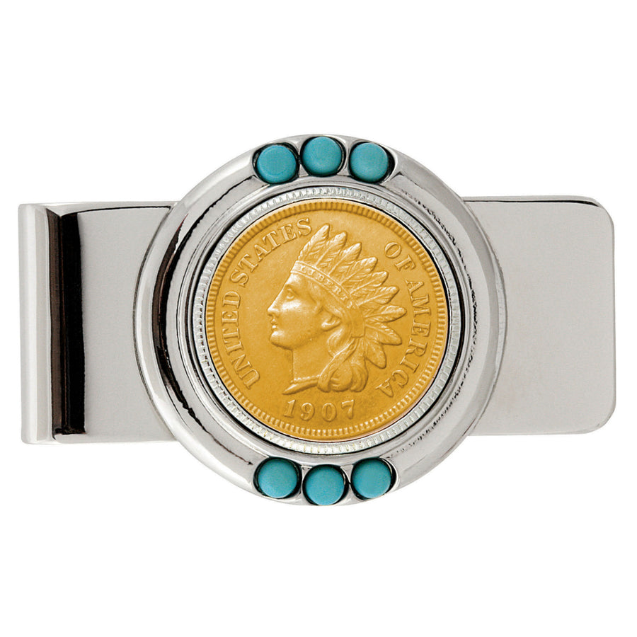 Gold-Layered Indian Penny Turquoise Coin Money Clip Image 1