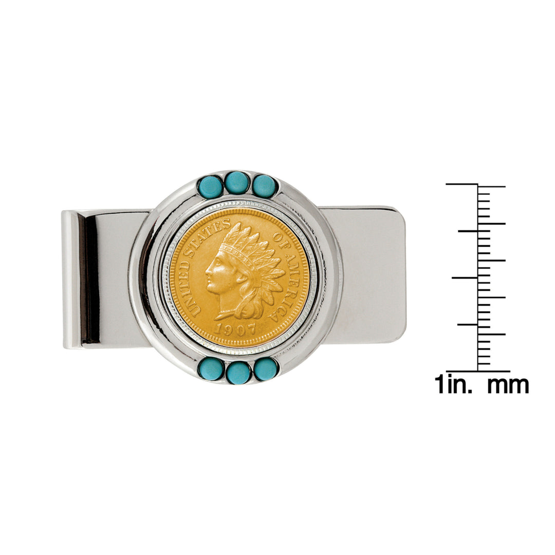 Gold-Layered Indian Penny Turquoise Coin Money Clip Image 2