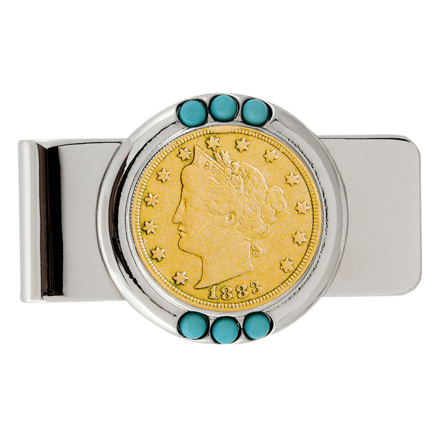 Gold-Layered 1800s Liberty Nickel Turquoise Coin Money Clip Image 1