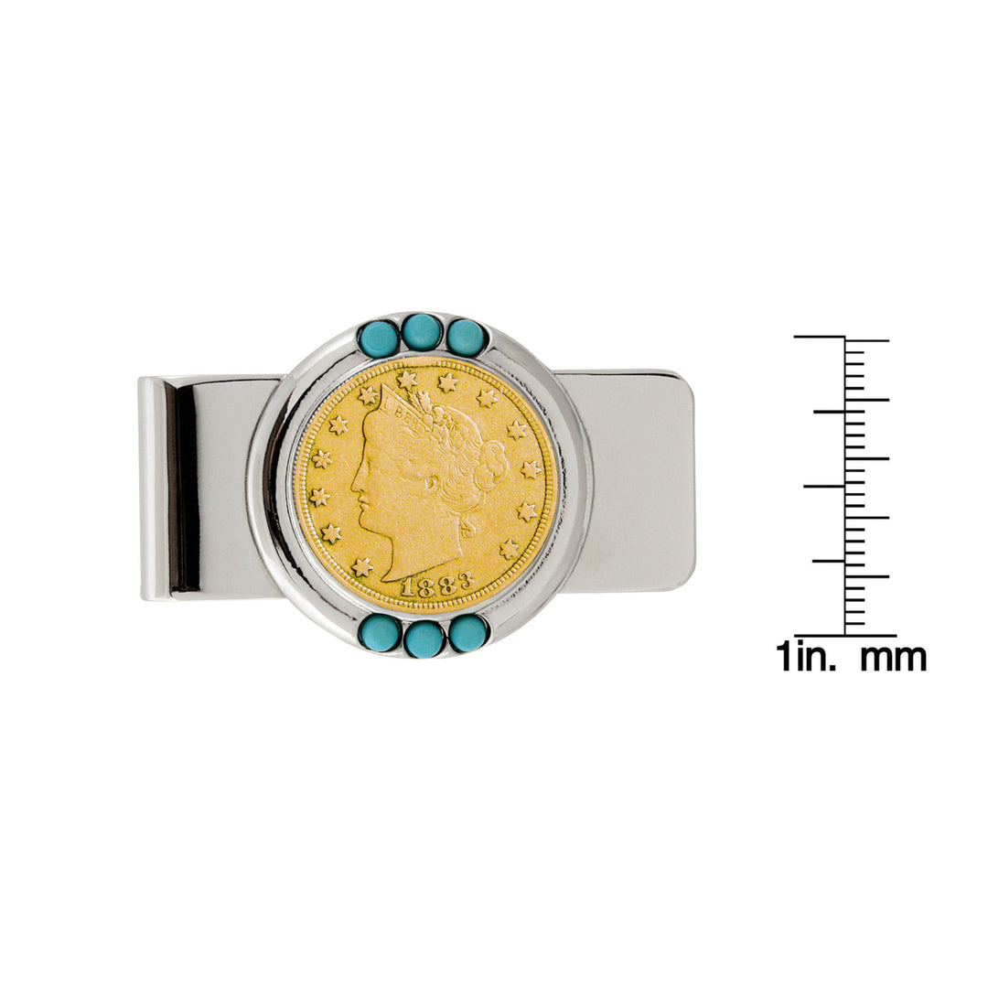 Gold-Layered 1800s Liberty Nickel Turquoise Coin Money Clip Image 2