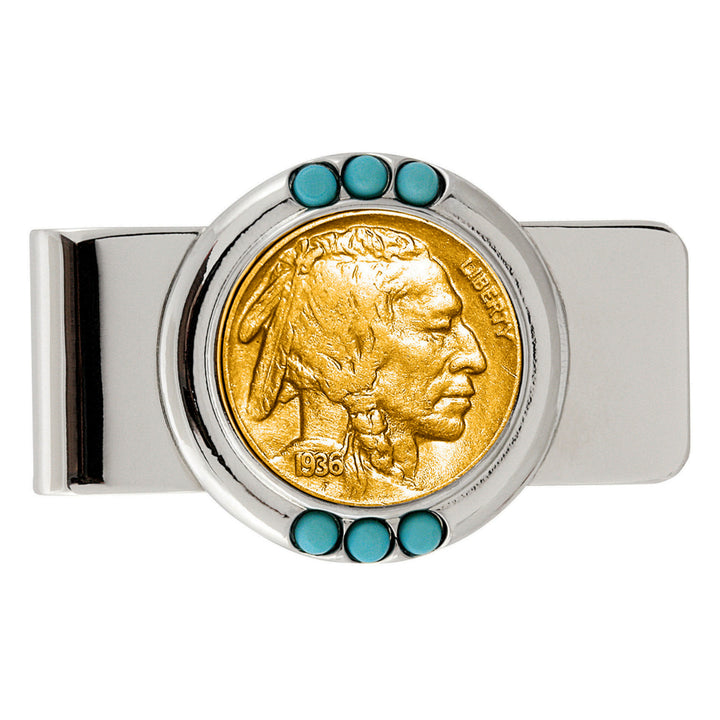 Gold-Layered Buffalo Nickel Turquoise Coin Money Clip Image 1