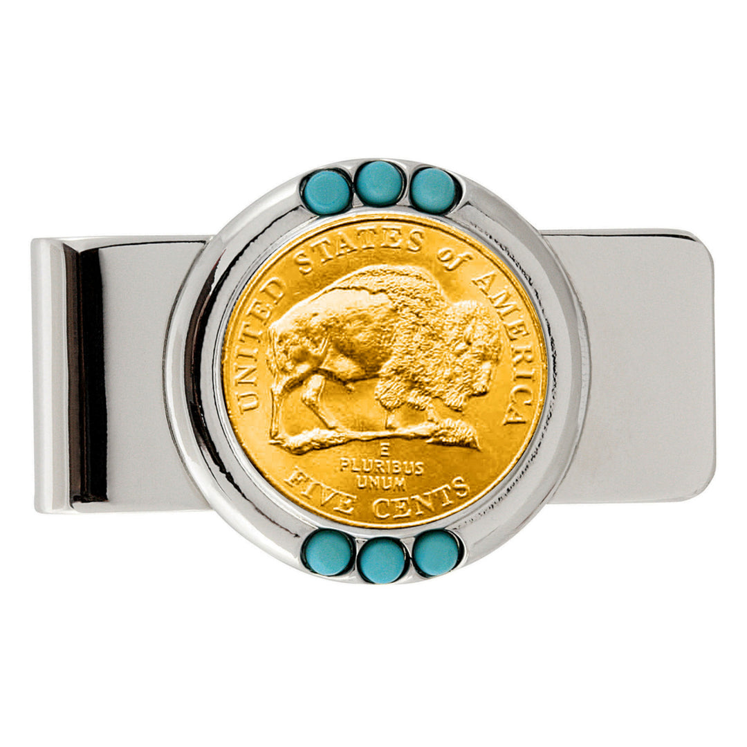 Gold-Layered Westward Journey Bison Nickel Turquoise Coin Money Clip Image 1