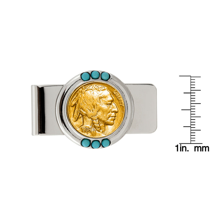 Gold-Layered Buffalo Nickel Turquoise Coin Money Clip Image 2