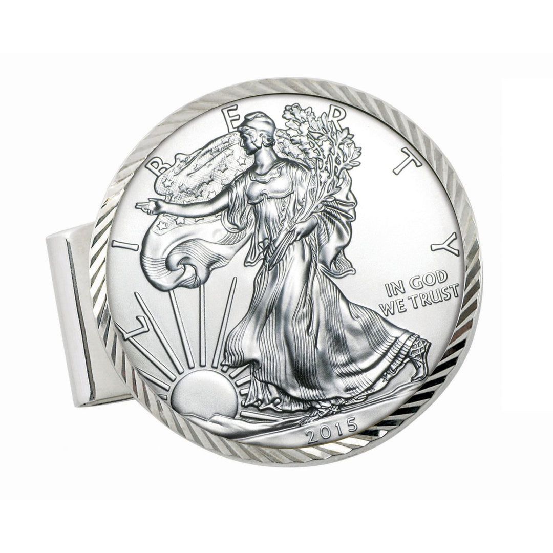 Sterling Silver Diamond Cut Coin Money Clip with American Silver Eagle Dollar Image 1