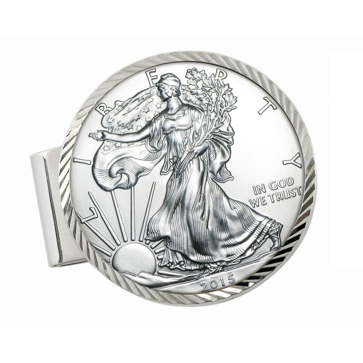 Sterling Silver Diamond Cut Coin Money Clip with American Silver Eagle Dollar Image 1