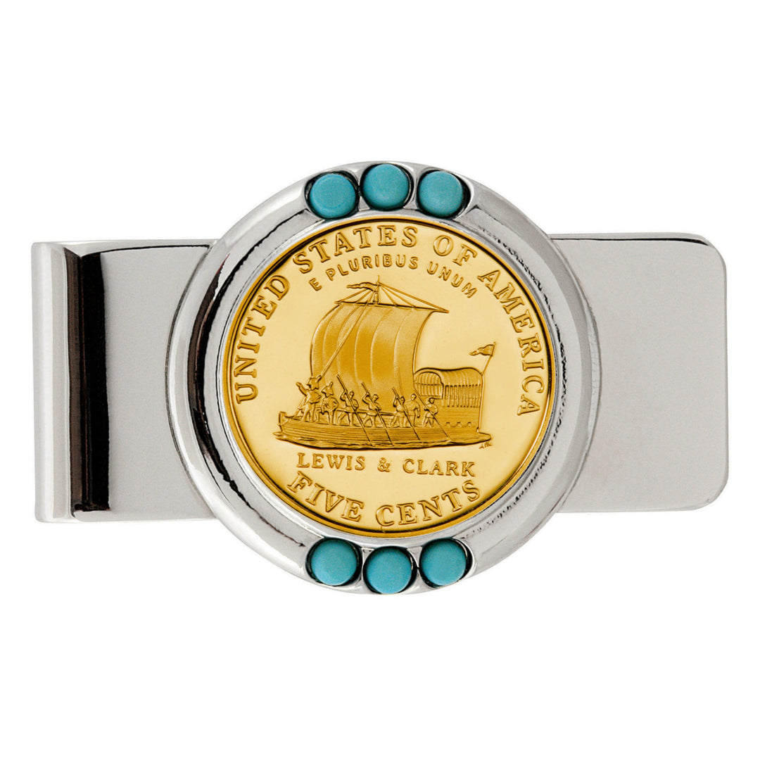 Gold-Layered Westward Journey Keelboat Nickel Turquoise Coin Money Clip Image 1