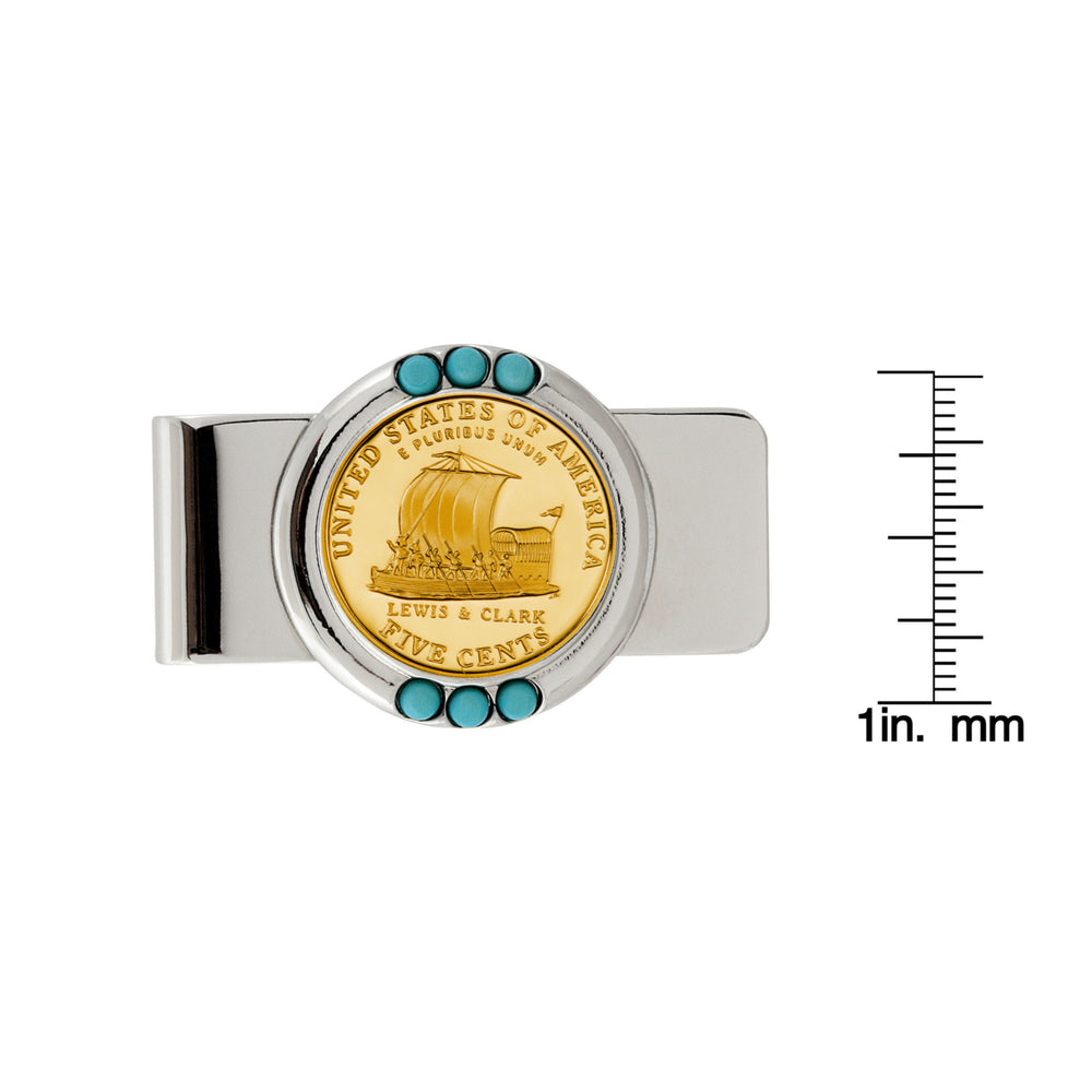 Gold-Layered Westward Journey Keelboat Nickel Turquoise Coin Money Clip Image 2