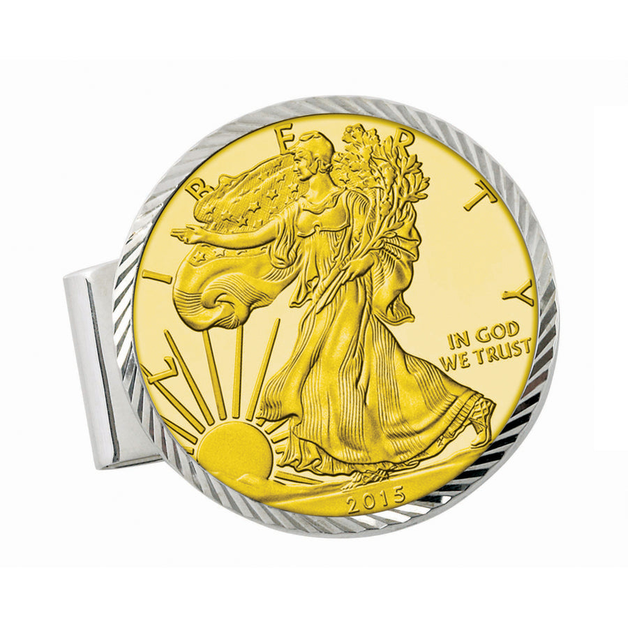 Sterling Silver Diamond Cut Coin Money Clip with Gold-Layered American Silver Eagle Dollar Image 1