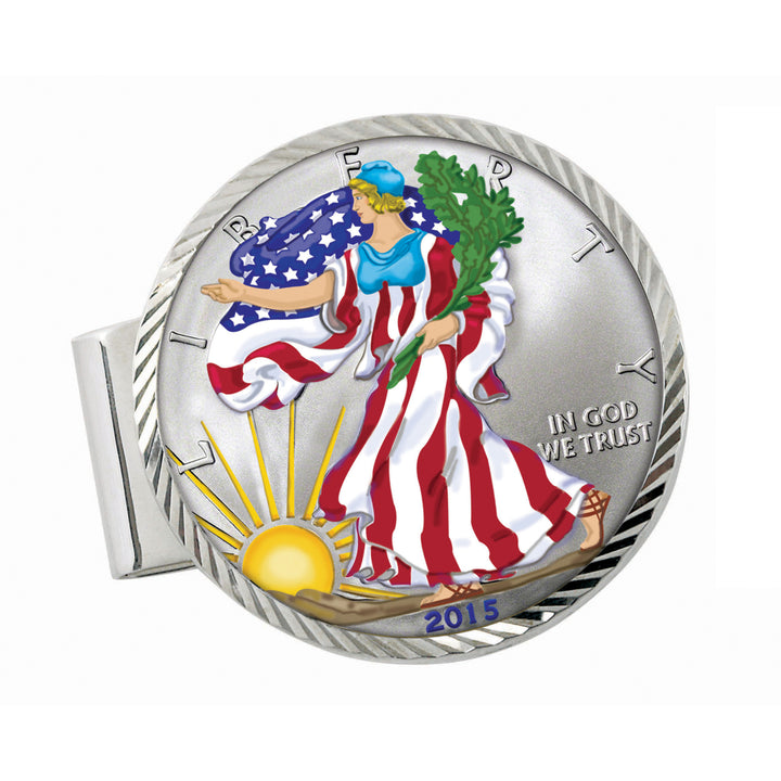 Sterling Silver Diamond Cut Coin Money Clip with Colorized American Silver Eagle Dollar Image 1