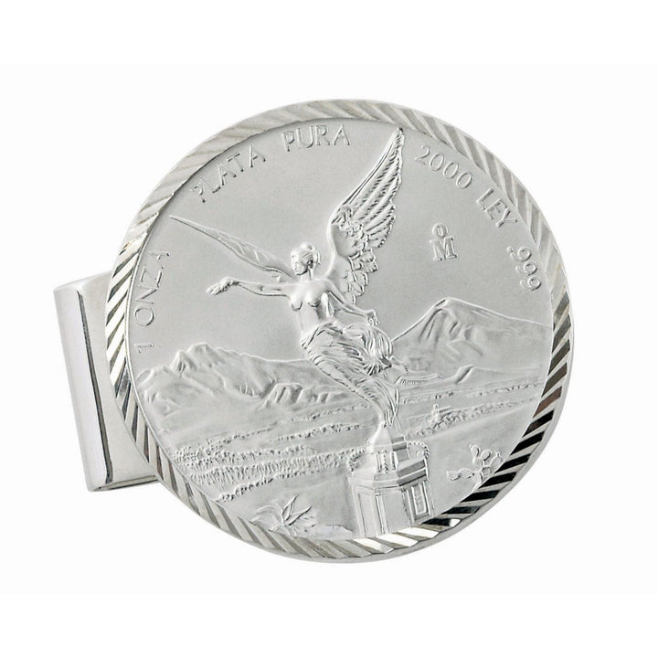 Sterling Silver Diamond Cut Coin Money Clip with Mexican Libertad 1 oz Silver Coin Image 1