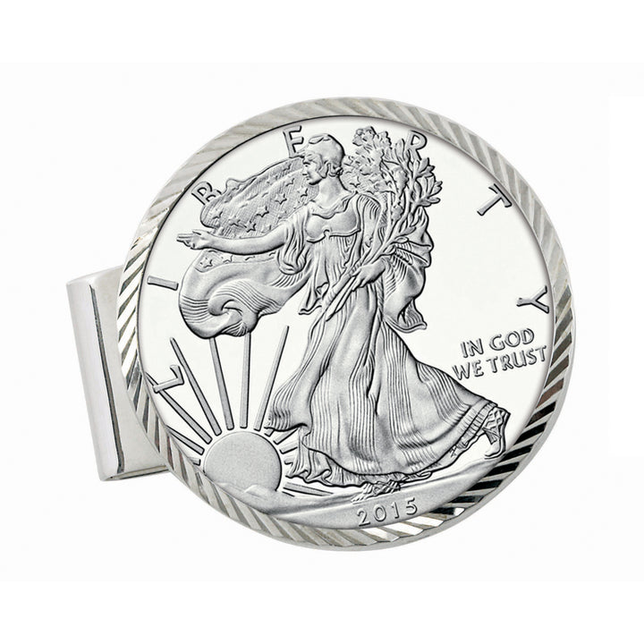 Sterling Silver Diamond Cut Coin Money Clip with Proof American Silver Eagle Dollar Image 1