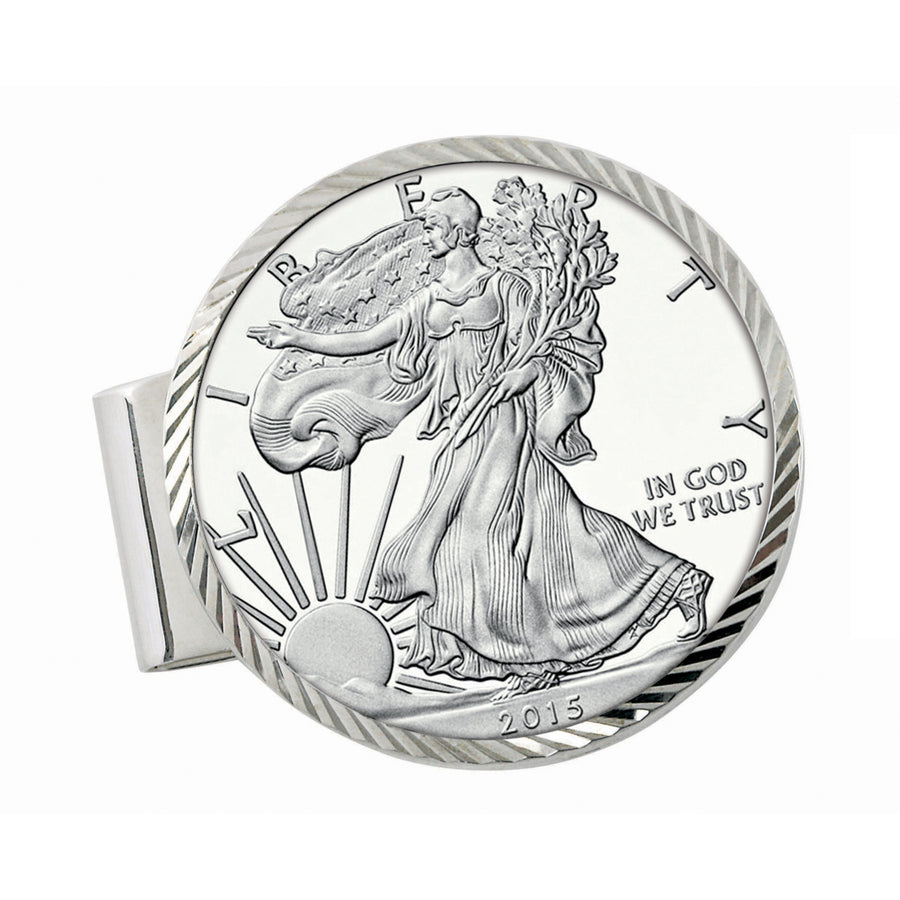 Sterling Silver Diamond Cut Coin Money Clip with Proof American Silver Eagle Dollar Image 1