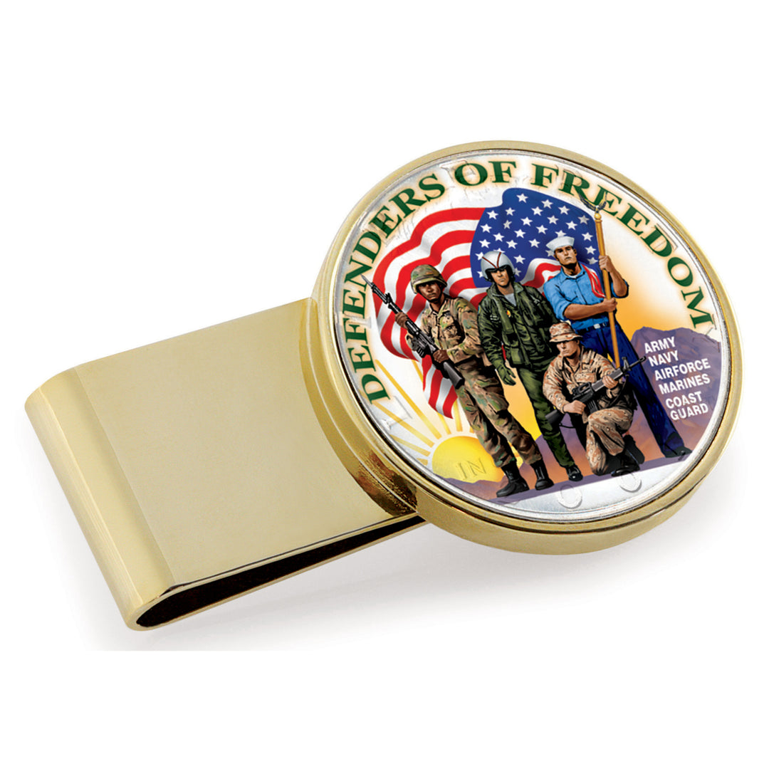 Defenders of Freedom Colorized JFK Half Dollar Stainless Steel Gold Tone Coin Money Clip Image 1