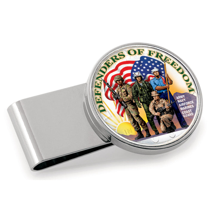 Defenders of Freedom Colorized JFK Half Dollar Stainless Steel Silver Tone Coin Money Clip Image 1