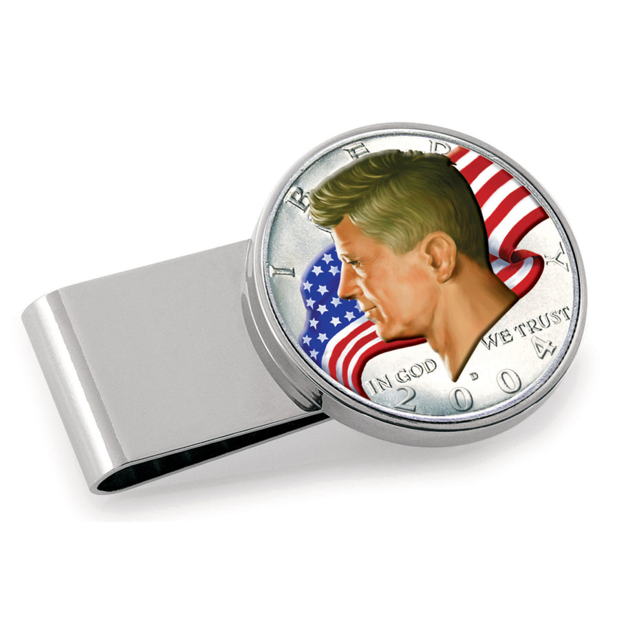 JFK Half Dollar Colorized American Flag Silver Tone Stainless Steel Coin Money Clip Image 1