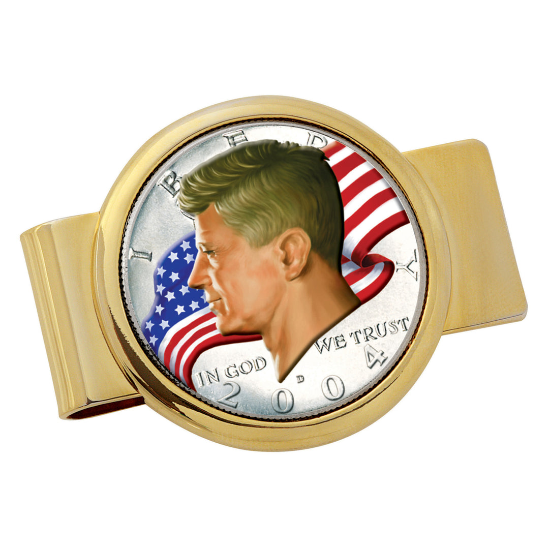 JFK Half Dollar Colorized American Flag Gold Tone Coin Money Clip Image 1