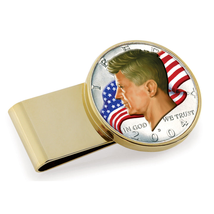 JFK Half Dollar Colorized American Flag Gold Tone Stainless Steel Coin Money Clip Image 1