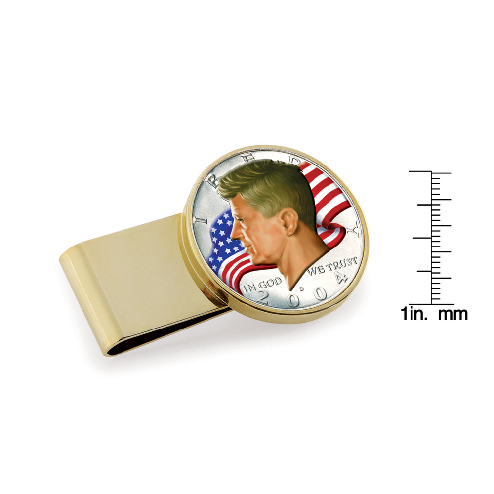 JFK Half Dollar Colorized American Flag Gold Tone Stainless Steel Coin Money Clip Image 2