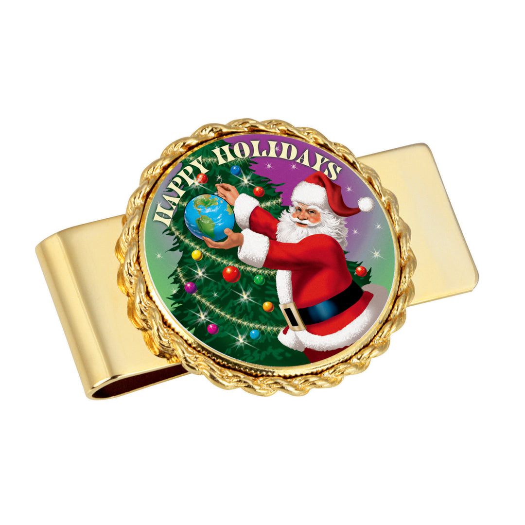 Santa Colorized JFK Half Dollar Coin Goldtone Money Clip Image 1